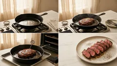 フライパンで香ばしく、オーブンでしっとり：厚切りステーキの焼き方（レモンバター仕上げ）