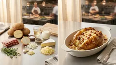 タルティフレット風ベイクドポテト：皮パリッ、中ほくほくにチーズを詰めて焼く