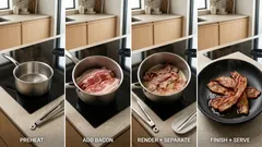 油はねが怖くない：鍋（ソースパン）でベーコン1パックをまとめて焼く方法